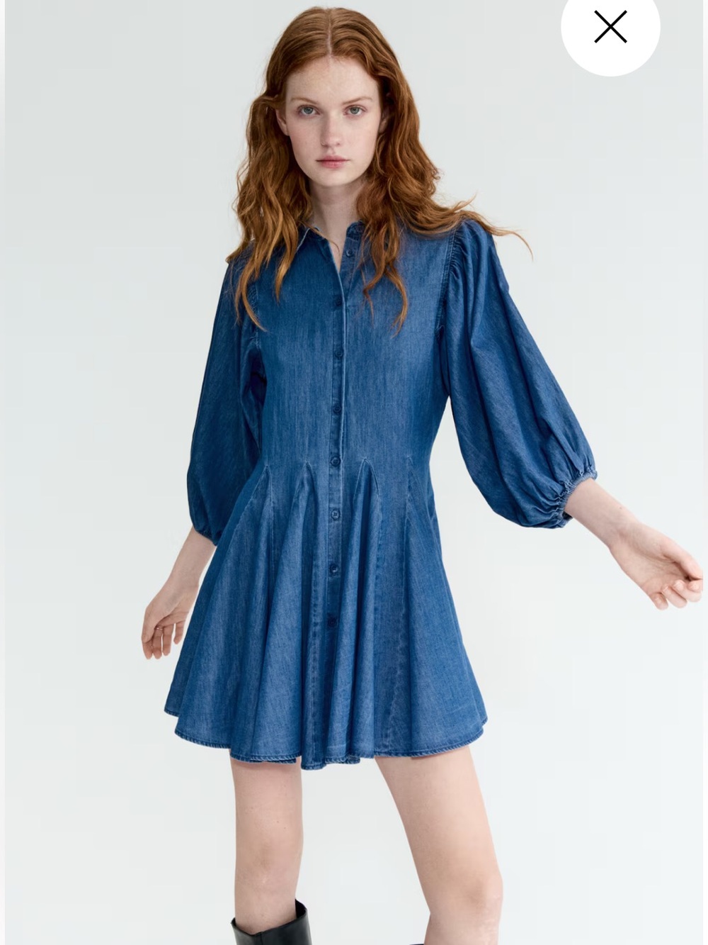 H&M Light Blue Chambray Button-Up Shirt PUFF-SLEEVED FLARED-SKIRT DRESS